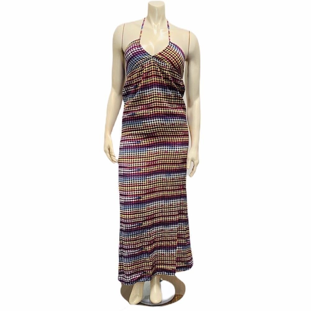 VOLCOM Halter Multicolor Maxi Dress Small Petite Vneck Summer Beachy Mardigras
